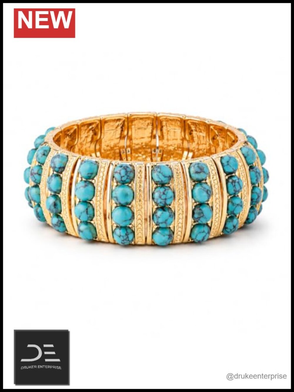 Genuine Turquoise Stretch Bracelet 14K Gold Plated Art Deco Style